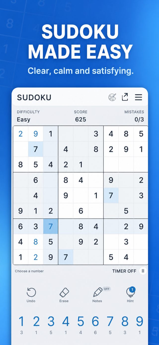 An Easy puzzle in progress with a score of 625 and no mistakes