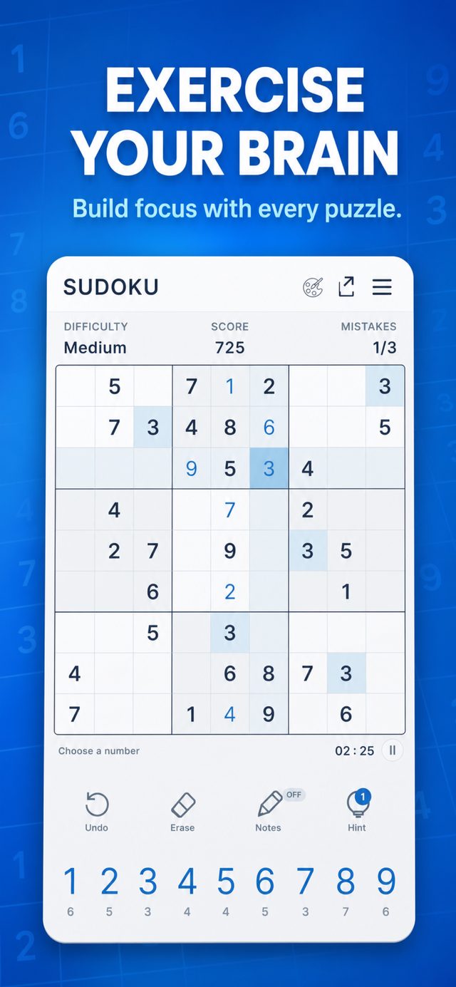 A Medium puzzle with the timer running and one mistake used